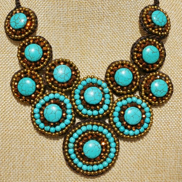 Boho Necklace Turquoise Chunky Festival Bib NWT - Picture 2 of 6